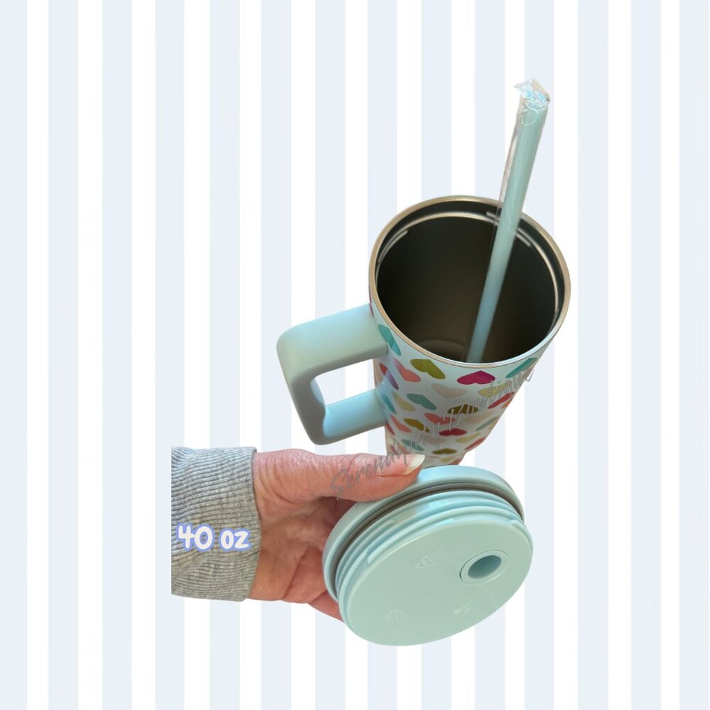Girly Pastel Hearts 40 oz Spill Proof Hot or Cold Giant Tumbler with Straw - Picture 3 of 6
